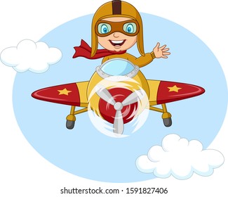 Cartoon little boy operating a plane