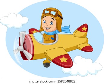 Cartoon little boy operating a plane