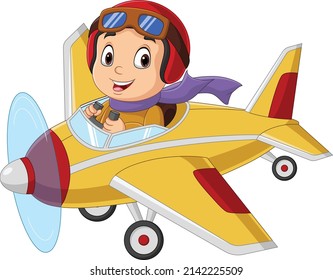 Cartoon little boy operating a plane