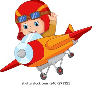 Cartoon little boy operating a plane of illustration