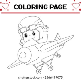 cartoon little boy operating plane coloring page for kids