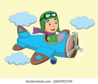 Cartoon little boy operating a plane vector