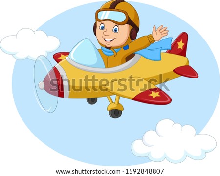 Cartoon little boy operating a plane