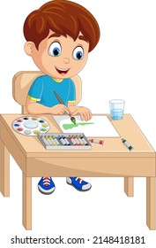 Cartoon little boy painting on the desk