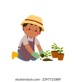 Cartoon little boy planting young trees. Kid gardening.