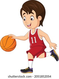 Cartoon little boy playing basketball