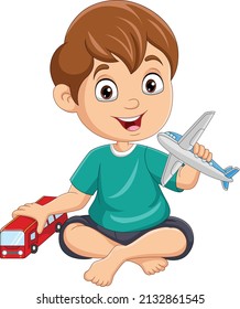 Cartoon little boy playing bus and airplane toys