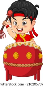 Cartoon little boy playing a chinese drum