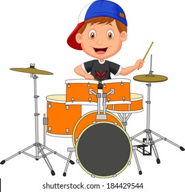 Cartoon little boy playing a drum