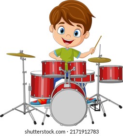 Cartoon little boy playing a drum