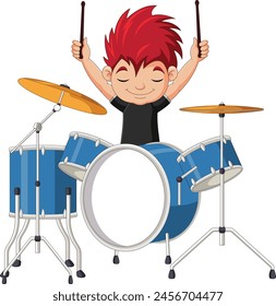 Cartoon little boy playing a drum set