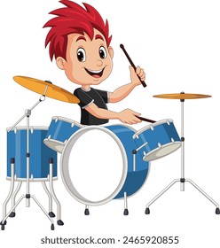 Cartoon little boy playing a drum set