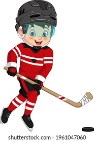 Cartoon little boy playing hockey