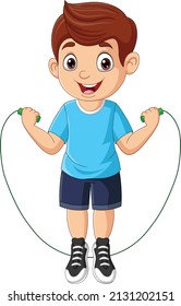 Cartoon little boy playing jumping rope