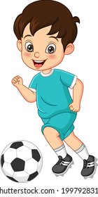 Cartoon little boy playing soccer