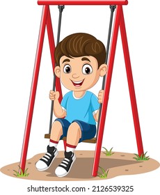 Cartoon little boy playing swing in the park