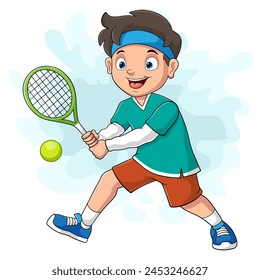 Cartoon little boy playing tennis