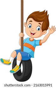 Cartoon little boy playing a tire swing