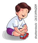 Cartoon little boy playing toy bus