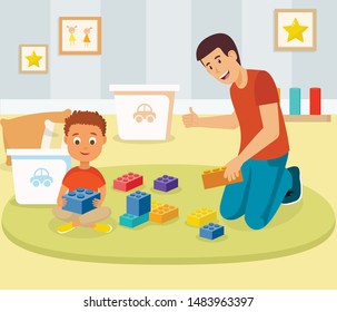 Cartoon Little Boy Playing Toy Building Blocks with Father in Living Room Vector. Early Development Lessons in Kindergarten or Education Club. Flat Tutor Man Entertaining Child Illustration