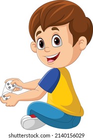 Cartoon little boy playing video game