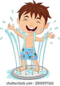 Caricatura niño pequeño jugando a la fuente de agua