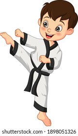 Cartoon little boy practicing karate