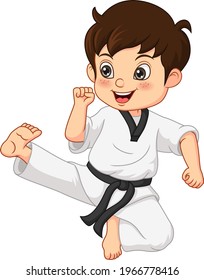 Cartoon little boy practicing karate