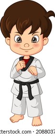 Cartoon little boy practicing karate