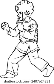 Cartoon little boy practicing karate