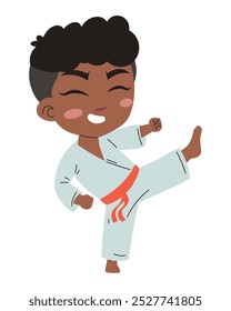 cartoon little boy practicing karate isolated