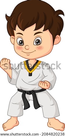 Cartoon little boy practicing karate