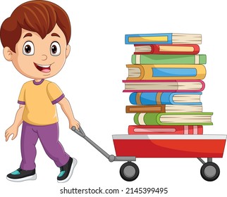 Cartoon little boy pulling wagon cart with pile of books