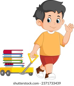 Cartoon little boy pulling wagon cart with pile of books of illustration