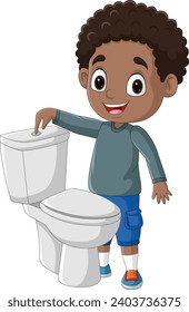 Cartoon kleiner Junge, der die Spültaste in der Toilette drückt