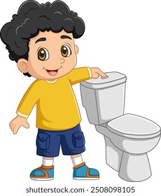 Cartoon little boy pushing flush button in toilet of illustration