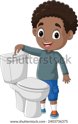Cartoon little boy pushing flush button in toilet