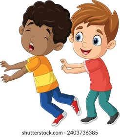 Cartoon little boy pushing his friend