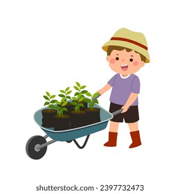 Caricatura niño pequeño empujando carretilla llena de plantas jóvenes en macetas