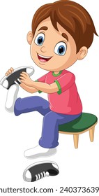 Cartoon little boy putting on shoes