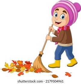 Cartoon Little Boy Raking Autumn Leaves Stock Vector (Royalty Free ...