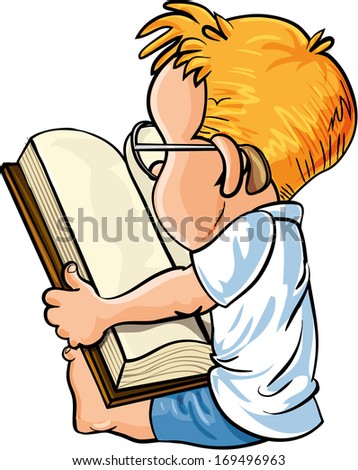 Cartoon little boy reading a big book, isolated on white