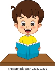 Cartoon little boy reading a book on the desk