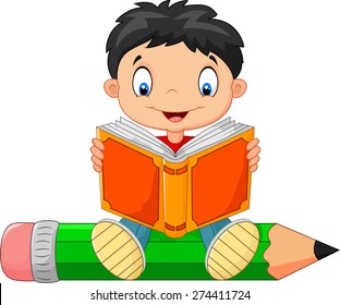 Cartoon little boy reading a book