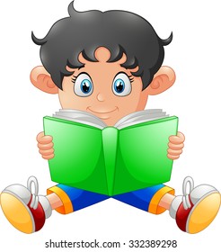 Cartoon little boy reading a book