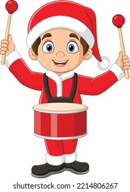 Cartoon little boy in red santa clothes playing drums