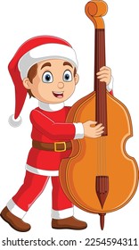 Cartoon little boy in red santa clothes playing cello