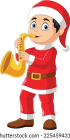 Cartoon little boy in red santa clothes playing golden trumpet