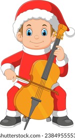 Cartoon little boy in red santa clothes playing cello of illustration