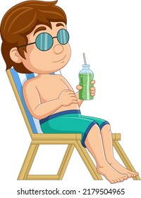 Cartoon little boy relaxing with drinking cocktail on beach chair